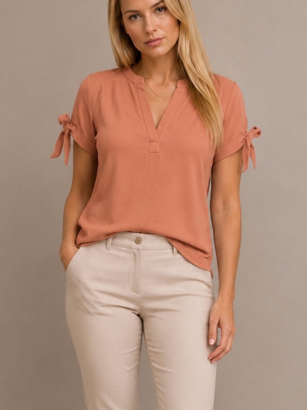 Knit Split-Neck Tie-Sleeve Top - Clay
